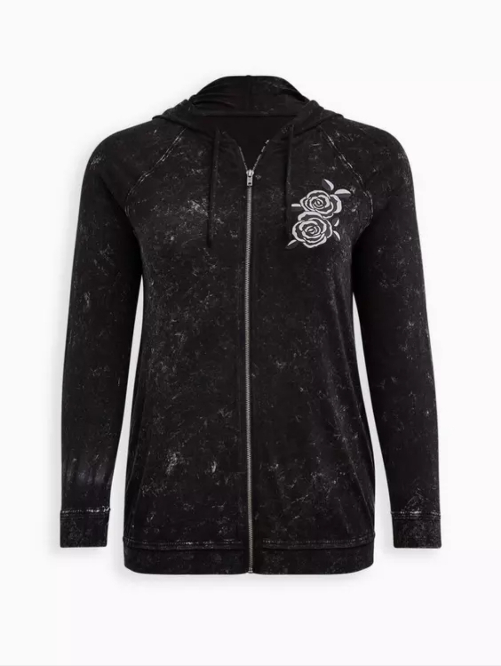 Lovesick Black Washed Zip-Front Hoodie Dress with Rose Motif